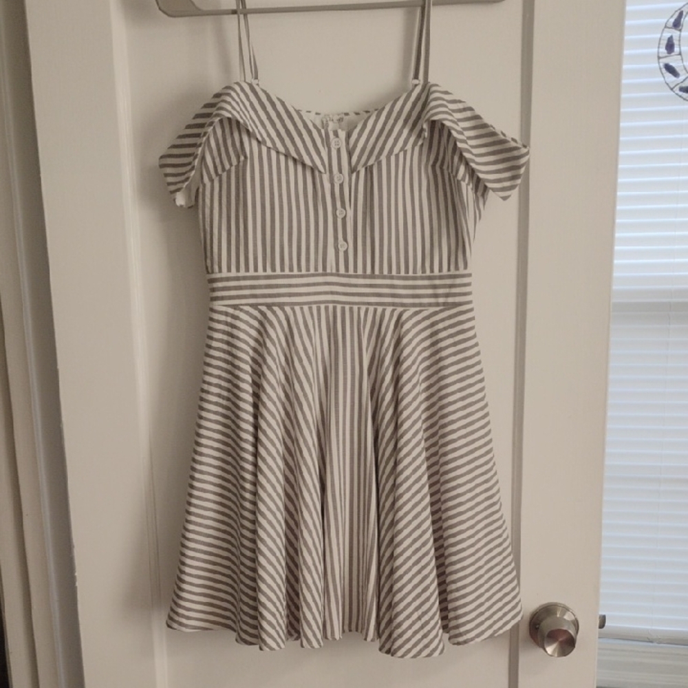 Windsor Gray Striped Off-Shoulder Mini Dress